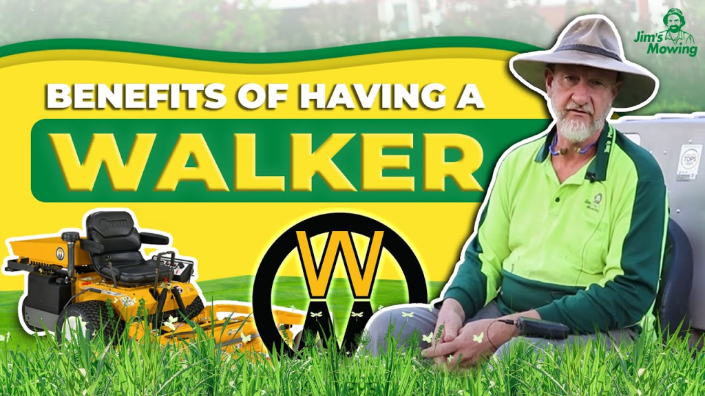 Scott Bartlett from Jim’s Mowing Greater Brisbane Area with a Walker T27i mower, explaining why franchisees choose Walker Mowers for speed, cut quality, and catch-collect performance.