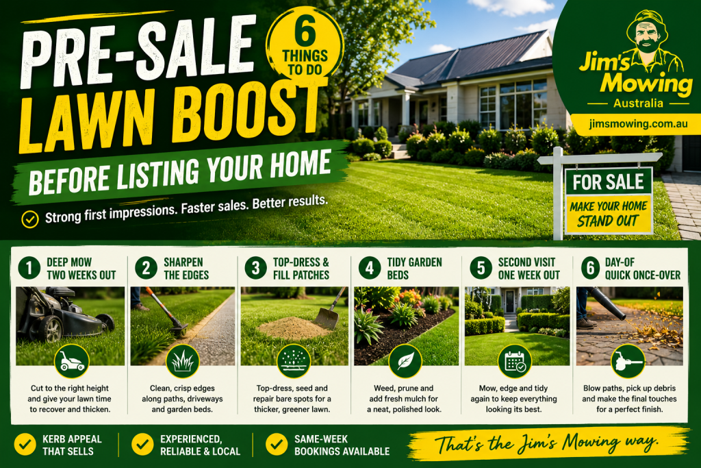 Pre sale lawn boost in 6 steps. Mowing, edging, kerb appeal tidy-ups before your house hits the market. Get a free quote from Jim's Mowing on 131 546.